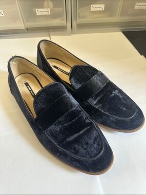 Zara Navy Velvet Penny Loafers